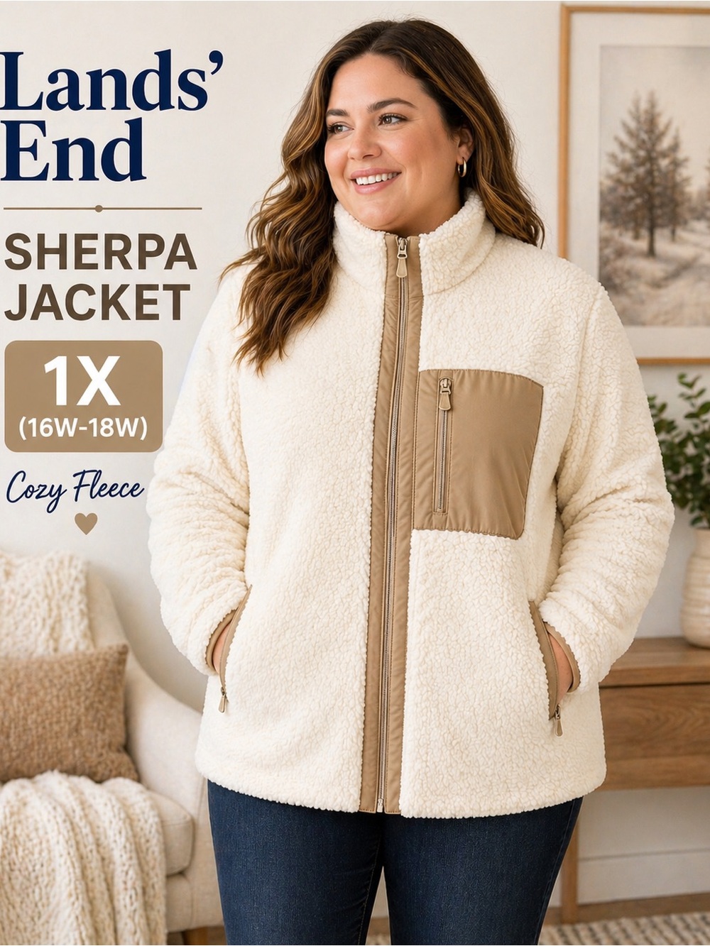 Lands’ End Sherpa Fleece Jacket 1X Cream Tan Cozy Zip Up Plus